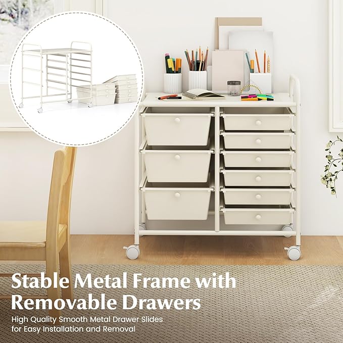 RELAX4LIFE 9 Drawer Rolling Storage Cart - Mobile Drawer Carts for Craft Art Supply Paper Salon, Utility Cart on Wheels for Classroom Teacher School Office, Rolling Cart with Drawers (Ivory White)