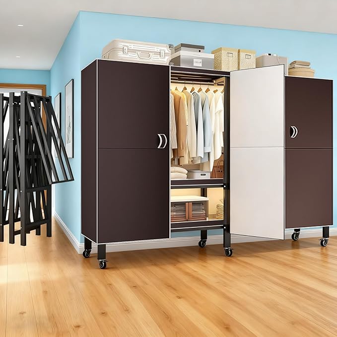 Heavy Duty Portable Closet with Cover Magnetic Doors, Metal Rolling Clothes Rack Heavy Duty 1500LBS, Foldable Clothing Rack, Garment Racks for Bedroom/LivingRoom/Rental (KT Coffee, 59.05in)