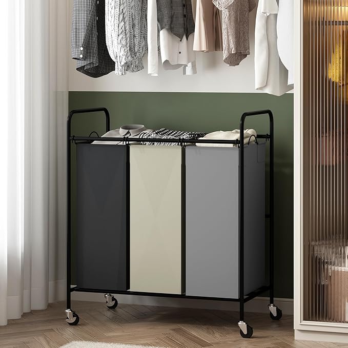 3 Section 3x40L Laundry Sorter Cart, Heavy Duty Laundry Basket with Lockable Wheels, 120L Large Rolling Laundry Hamper with Removable Bags for Dirty Clothes Storage