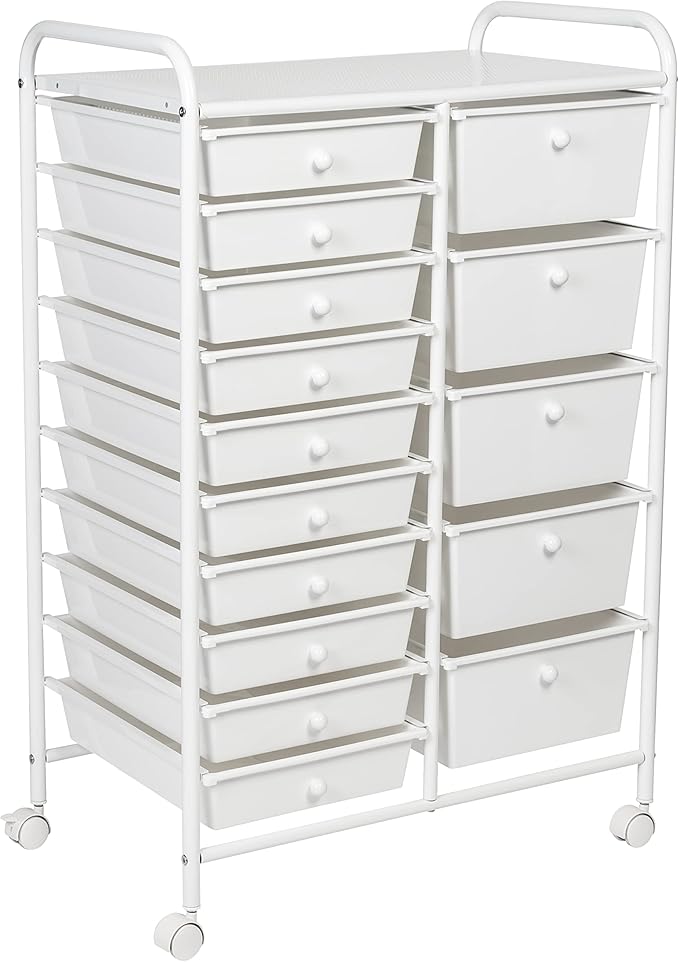 Honey-Can-Do 15-Drawer Metal Rolling Storage Cart, White Steel Multi-Purpose Organizer with Wheels, Heavy Duty Mobile Utility Trolley for Home Office, School, and Craft Supplies