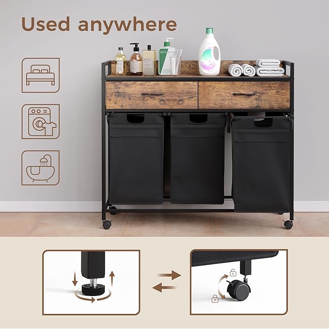 Laundry Sorter with 2 Drawers, 150L with Pull-Out Removable Laundry Bags, Laundry Hamper Baskets with 3 Section and Wheels, Rustic Brown and Black