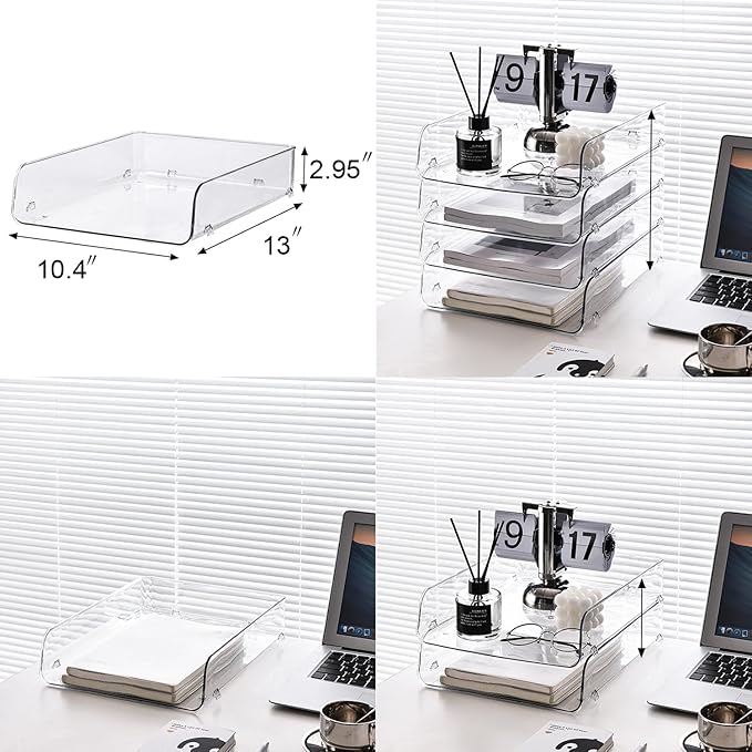 Gagee 2 Pack Paper Organizer for Desk,Clear Stackable Paper Sray Holder ﻿, Office Desk Organizer for Notes, Pens, File, Document