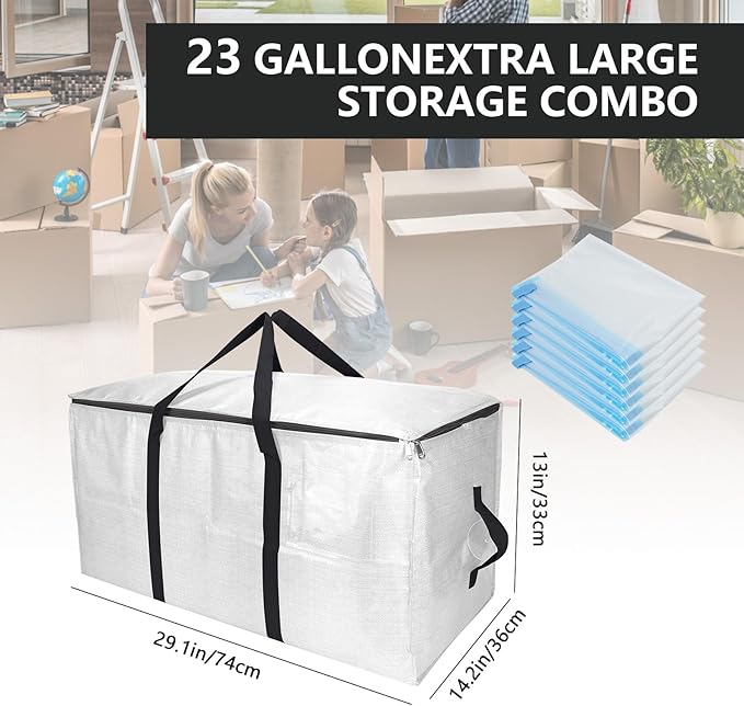 Extra Large Storage Bags Set Heavy Duty Moving Totes with Handles, Waterproof Dual-Way Carrying Design with Vacuum Storage Bag Combo,College Dorm,Traveling,Camping(6 Moving bag & 10 Vacuum Seal Bags)
