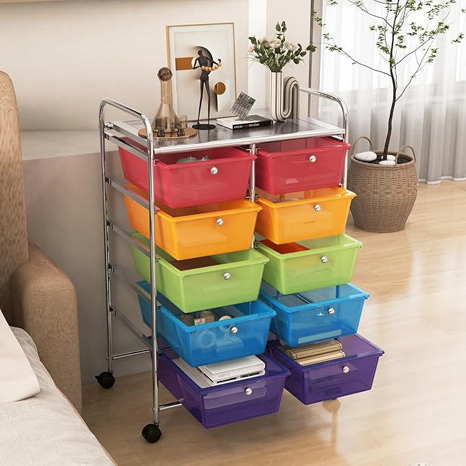 RELAX4LIFE Rolling Storage Cart with 10 Drawers - Craft Storage Cart with Lockable Wheels,Utility Cart, Art Cart Organizer for Crafting Storage, Studio, Office, School Rolling Drawer Cart (Rainbow)