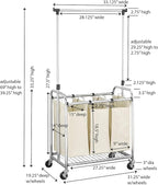Household Essentials 3-Bag Laundry Sorter with Clothes Rack, Silver, Lightweight, Removable, Sturdy
