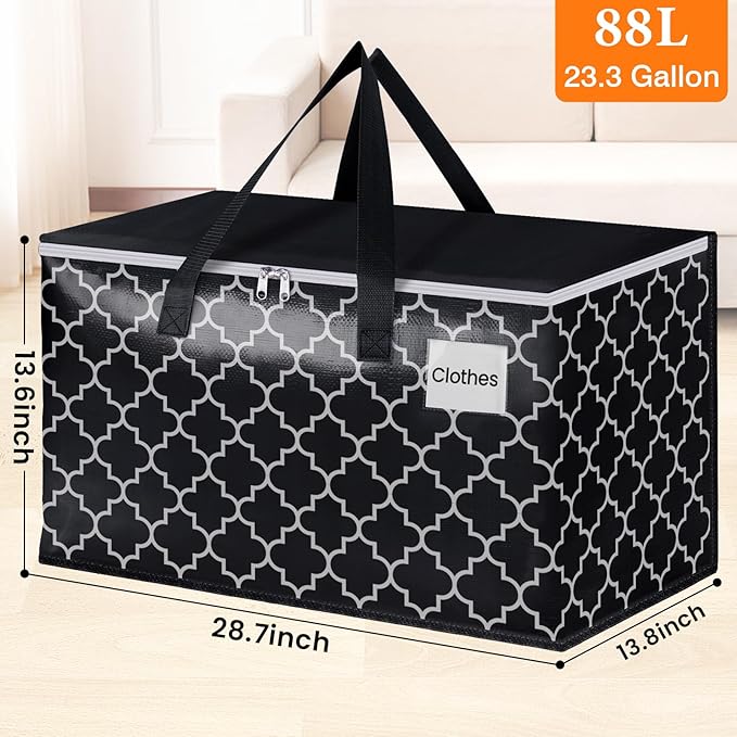 HomeHacks Heavy Duty Moving Bags with Tag Pockets, Collapsible Storage Totes for Moving, Camping & Travel -Foldable Packing Boxes, Zipper Handles, Black（4 Packs, 88L）