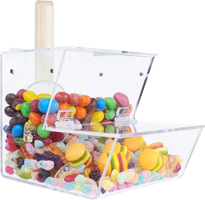 Clear Acrylic Candy Dispenser Bin with Scoop,Magnetic Snack food Storage for Bulk Candy,Cereal,Pet food,Laundry Pods