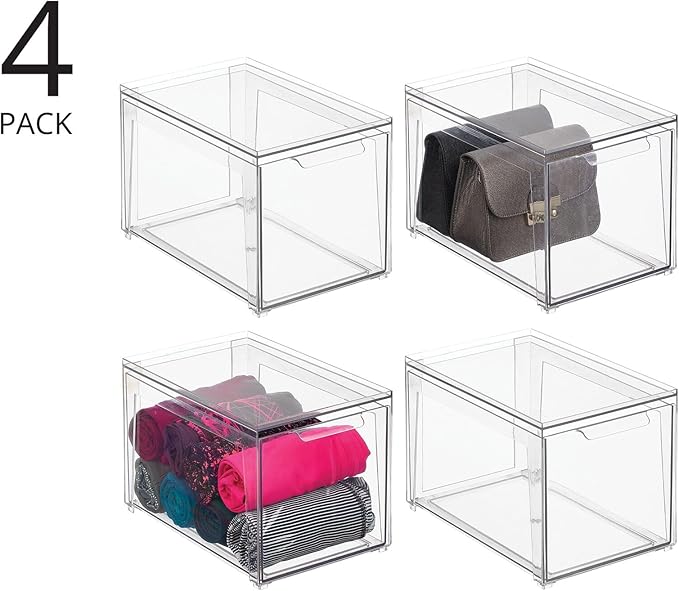 mDesign Plastic Stackable Closet Storage Organizer Bins with Pull Out Drawer for Cabinet, Desk, Shelf, Cupboard, or Dresser Organization - Lumiere Collection - 4 Pack - Clear