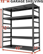 Garage Shelving, 72" H × 48" W Heavy Duty Metal Shelving - Easy to Assemble, Adjustable 5-Tier Storage Shelves, Double-Thickened Columns, 3000 lbs Capacity, for Garage, Pantry Storage, Black