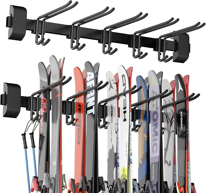 32" Ski & Snowboard Wall Rack – Heavy-Duty Wall Mounted Ski Storage for Garage, Holds 10 Pairs with 5 Adjustable Hooks, 300lbs Capacity, Non-Slip Rubber, Easy Install | Ski Holders for Wall