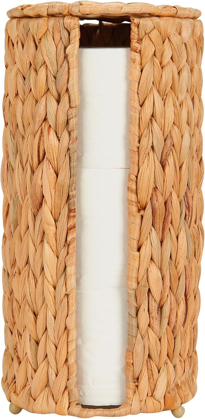 FairyHaus Wicker Toilet Paper Storage Basket with Lid, 3 Rolls Natural Water Hyacinth Toilet Paper Holder with Storage, Handwoven Toilet Paper Holder Stand Basket for Bathroom