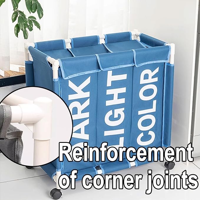 Laundry Sorter 3 Section with Lid 95 L Laundry Hamper with Wheels Reinforced Sealing Multi-Purpose Laundry Basket with Removable Inner Pocket(Blue)