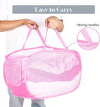 2 Pcs Durable Collapsible Laundry Baskets - Reinforced Mesh Pop Up Laundry Hamper with Pocket, Foldable Dirty Clothes Hamper with Carry Handles for Laundry, Bathroom, Kids Room, Dorm or Travel Pink