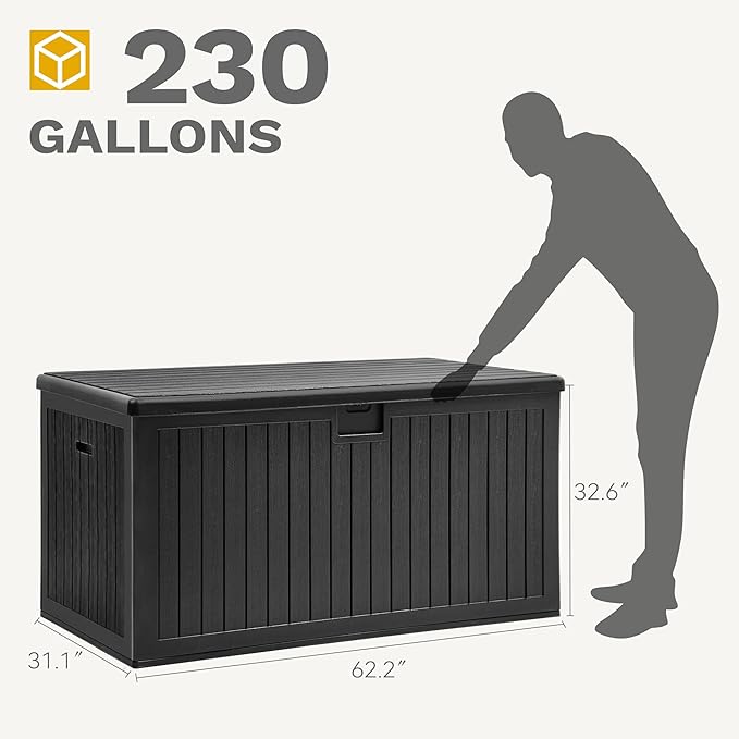 DWVO 230 Gallon Resin Outdoor Storage Box, XXL Double-Wall Waterproof Deck Box with Divider, Doubles as Table or Seating with 1000 lbs Capacity, Lockable (Black)