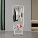 Laundry Cart with Hanging Rack, Wire Laundry Basket with Wheels, Laundry Hamper with Storage Basket & Shoe Rack, Rolling Laundry Hamper Sorter for Laundry Room Bathroom Bedroom, Silver