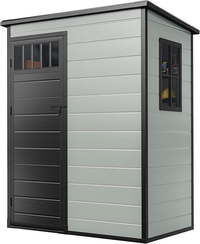 DWVO 5x3FT Outdoor Storage Shed with Fence-Style and Side Windows, Floor & Lockable Doors, Plastic Storage Shed, Storage Shed for Backyard and Garden, Blue-Gray
