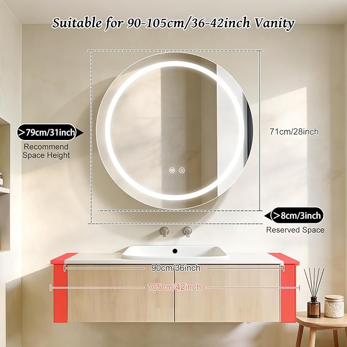 28inch Round Medicine Cabinet with Lights,Led Medicine Cabinet with Defogger,Illuminated Mirror Cabinet for Bathroom,Dimmable,Anti-Fog,3 Colors,Surface Mount only,Gold