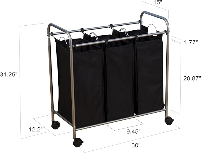 Household Essentials Rolling Triple Laundry Sorter, Silver