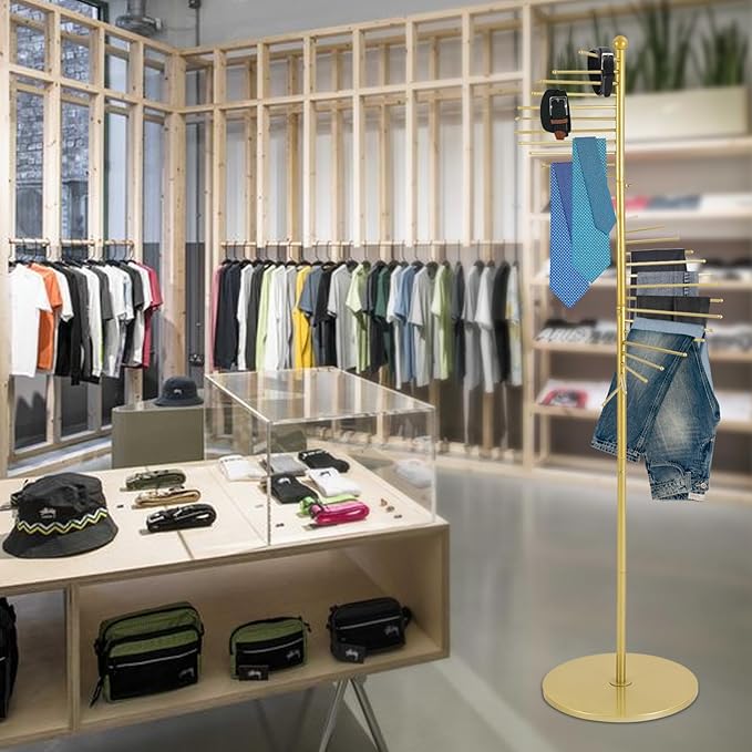 67" Gold Retail Display Tie & Scarf Rack, Belt Hanger & Pants Racks Towel Organizer Hanging Bar, Floor Standing Tie Racks Scarves Rack Necktie Holder for Home Clothing Store Commercial