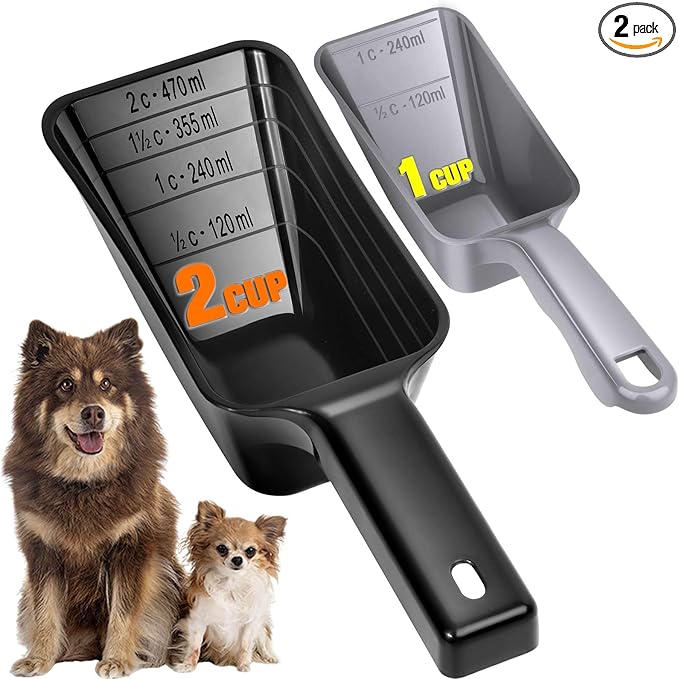 2-Pack Dog Food Scoop Set,1 Cup and 2 Cup Plastic Pet Food Measuring Scoops with Clear Measurement Lines,Multi-Purpose Pet Food Scooper for Dogs, Cats (Grey and Black)