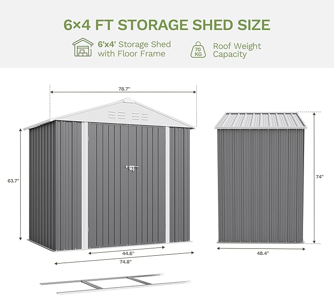 Devoko 6 x 4 FT Metal Storage Shed with Floor Frame Waterproof Garden Tool Shed with Lockable Door, Outdoor Shed Storage House for Backyard Patio Lawn, Grey