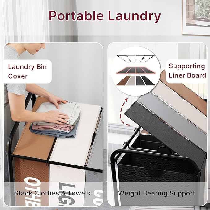 4-Compartment Laundry Cart with Lockable Wheels & Lid 180L Large Wheeled Laundry Basket Heavy-Duty Sorting Organizer for Laundry Room (Multicolor)