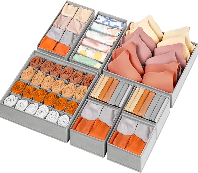 Drawer Organizer Clothes, 8 Pack Dresser Organizer Bins for Baby Clothes, Underwear Sock, Fabric Closet Organization and Storage Dividers for Nursery Bedroom (48 Compartments, Grey)