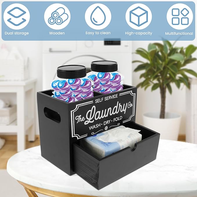 Wooden Dryer Sheet Container for Laundry Room Organization, Laundry Pods Container Include 2 Plastic Jars with Lids for Laundry Room