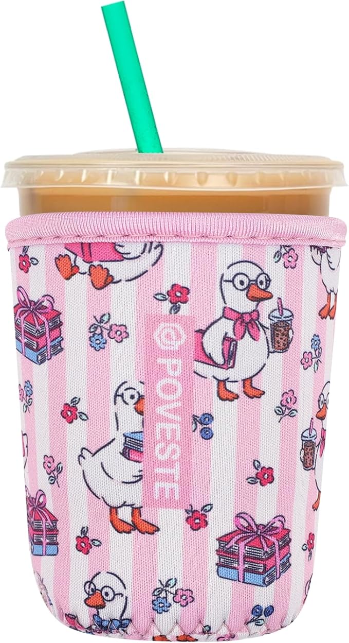 Reusable Neoprene Insulator Sleeve for Iced Coffee & Cold Soda, Coffee Sleeves for Iced & Hot Drinks, Cold Beverage Cooler Compatible with Starbucks, Dunkin (Reading Goose, Small: 16-18oz)