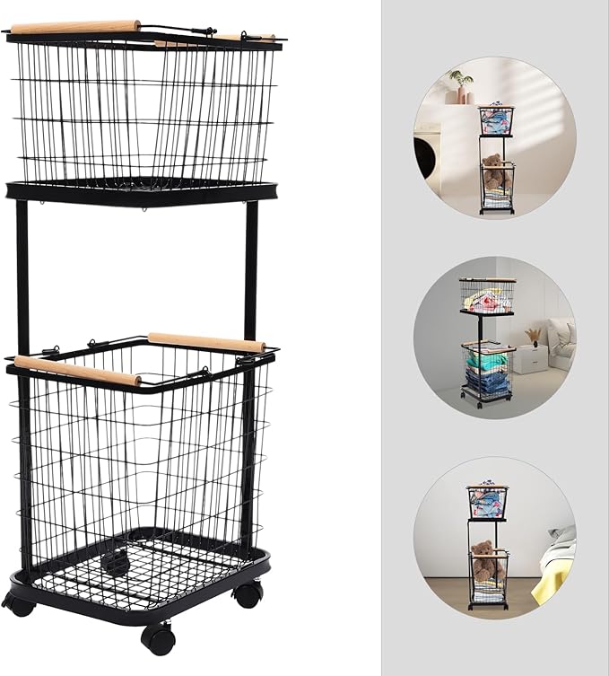 2 Tier Laundry Sorter,Metal Laundry Basket With Wheels,Vertical Rolling Laundry Cart for Bathroom Storage & Laundry Room