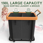 190L (50 Gal) Extra Large Fashion Laundry Hamper 2 Section with Lid, Rolling Laundry Basket Hamper with Handle, Laundry Organizer Storage Cart with Sturdy Metal Frame for Laundry Room, Hotel, black