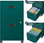 2 Drawer File Cabinet with Lock,Green Rolling File Cabinet for Home Office,Printer Stand, Metal Small Mobile Filing Cabinets on Wheels for Hanging Letter