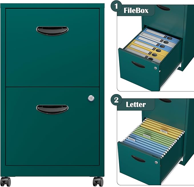 2 Drawer File Cabinet with Lock,Green Rolling File Cabinet for Home Office,Printer Stand, Metal Small Mobile Filing Cabinets on Wheels for Hanging Letter