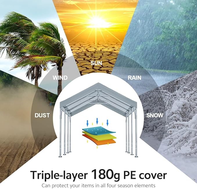 ADVANCE OUTDOOR 12x20 ft Canopy Garage Heavy Duty Carport Car Boat Shelter Party Tent, Adjustable Peak Height from 9.5ft to 11ft, Gray