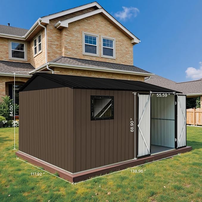 12' x 10' XL Outdoor Storage Shed, Sturdy Metal Building w/Floor and Operable Window for Garden, Backyard, Poolside and Lawn, Brown