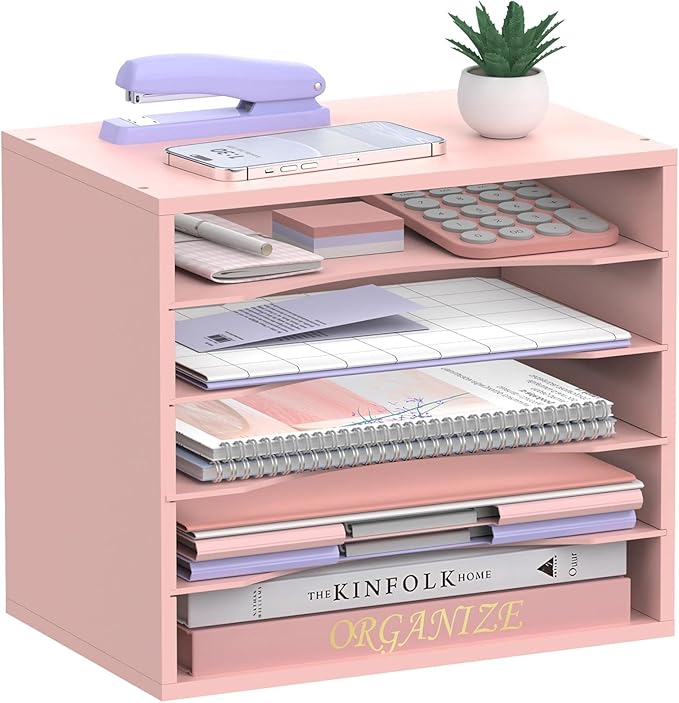 5-Tier Wood Desk Organizer, Paper Tray Organizer for Desk with Adjustable Storage Shelves, Desktop File Organization Paper Sorter Mail Holder for Office Home Classroom, Pink