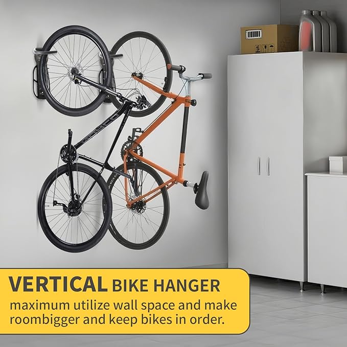 Vertical Bike Rack Wall Mount for Garage–Heavy-Duty Steel Bicycle Hook for Indoor Storage, Space-Saving Holder for Road, Mountain & Hybrid Bikes, Fits Tires Up to 2.6" Wide (2 Pack)