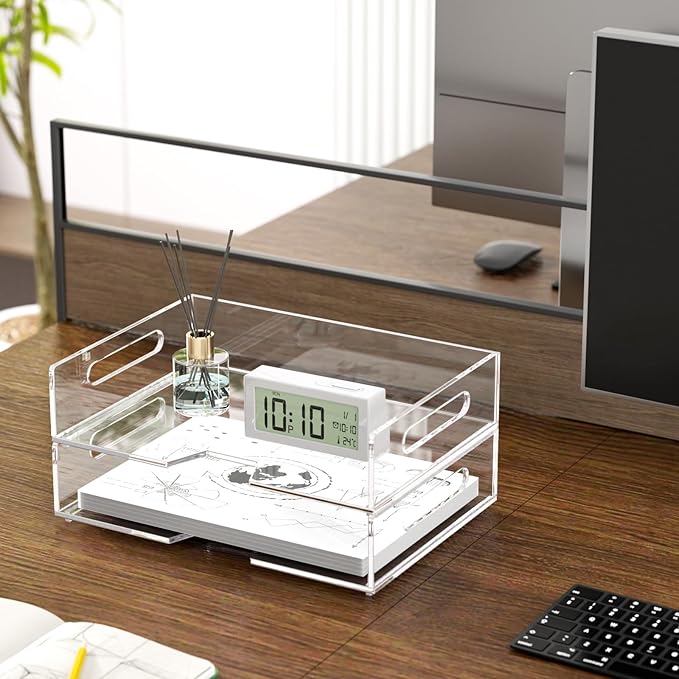 HIIMIEI Acrylic Paper Tray 2 Pack Clear Letter Tray Desk Stackable Organizer for School, Home, Office - Horizontal