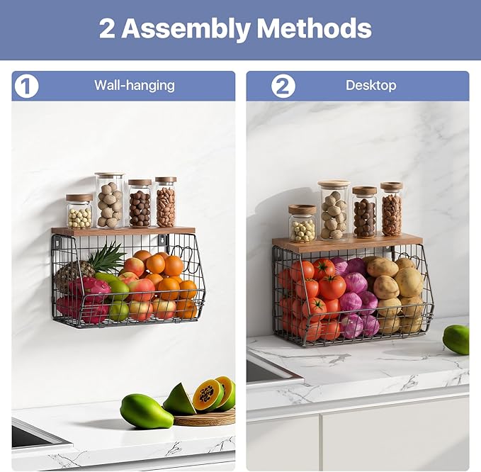 Housolution Wall Mounted Fruit Basket for Kitchen, Hanging Fruit Bowl Wire Baskets with 4 Hanger Hooks, Potato and Onion Storage, Countertop Organizer for Snack, Fruits and Vegetable Storage