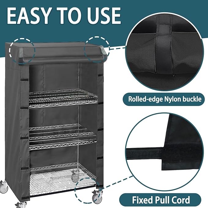 Wire Shelving Cover for Storage Shelf and Wire Rack, 48" W x 24" D x 72" H, Heavy-Duty Dust Cover with Nylon Buckle and Hook & Loop Closure (Black, No Shelves)