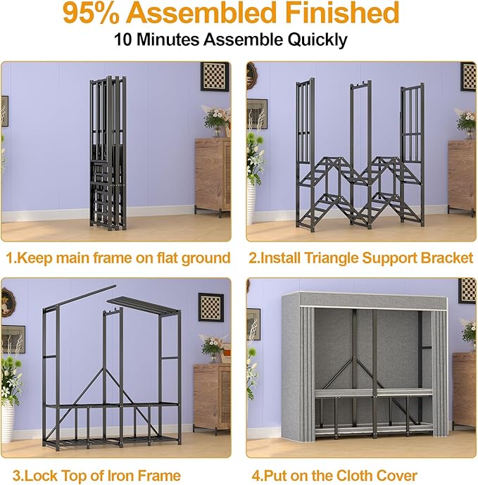 Premium Strong Heavy Duty Clothes Rack with Cover, 95% Assembled Freestanding Fordable Clothing Racks for Hanging Clothes, 71" Lx71 H,Black