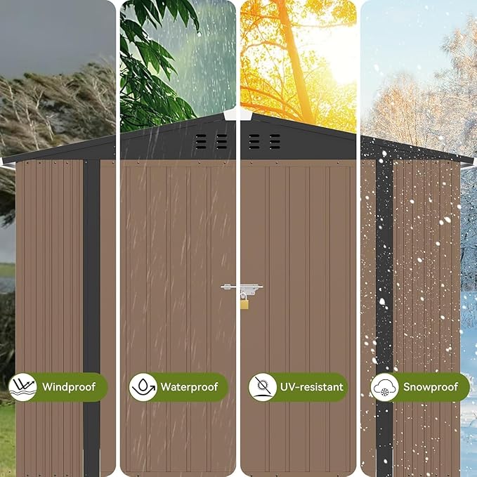 COMHOMA Shed Outdoor Storage Shed Metal,Lockable Doors Tool Sheds with Sloping Roof,Steel Garden Shed with Air Vent for Backyard,Patio,Lawn,Poolside(Brown,8'x6')
