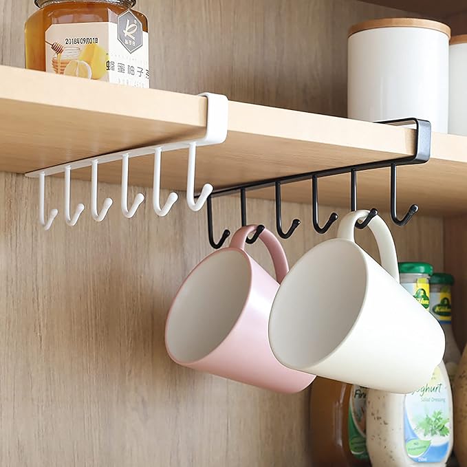 1 Pack Hanging Hooks Rack Under Cupboard Cabinet Cup Holder 6 Hooks Drilling Free Coffee Mug Holder Kitchen Utensil Storage Organizer Hook Rack (White)