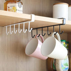 1 Pack Hanging Hooks Rack Under Cupboard Cabinet Cup Holder 6 Hooks Drilling Free Coffee Mug Holder Kitchen Utensil Storage Organizer Hook Rack (White)