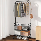 SUOERNUO Laundry Cart with Hanging Rack Rolling Laundry Hamper Sorter with Wheels Shelf,Black