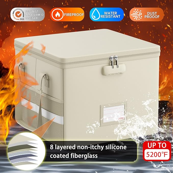 ENGPOW 5200°F File Box Fireproof Document Box with Lock,Heat Insulated Collapsible File Storage Organizer Box with Handle,Portable Home Office File Cabinet for Hanging Letter/Legal Size Folder, Beige