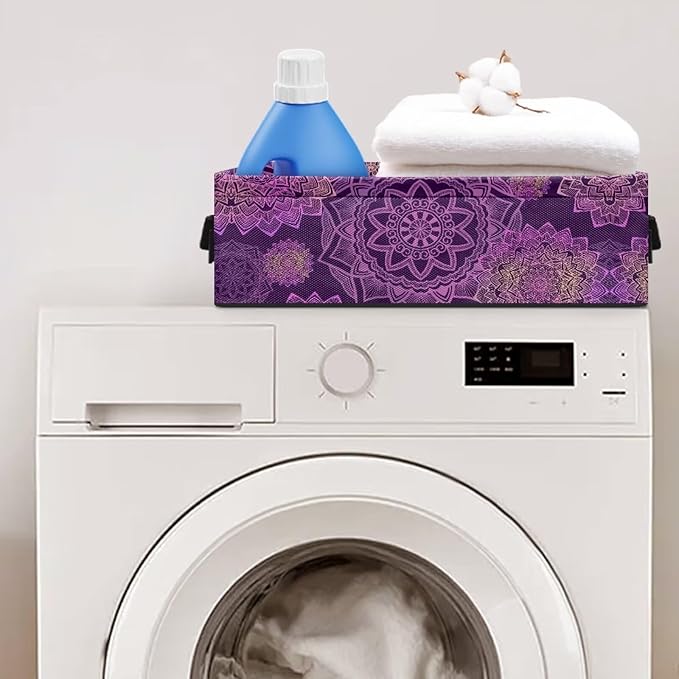 Bathroom Storage Bins Collapsible Rectangular Basket Versatile Cabinet Organizer Modern Fabric Toilet Paper Basket for Home Living Room Office Decor, Dark Violet Boho Flower