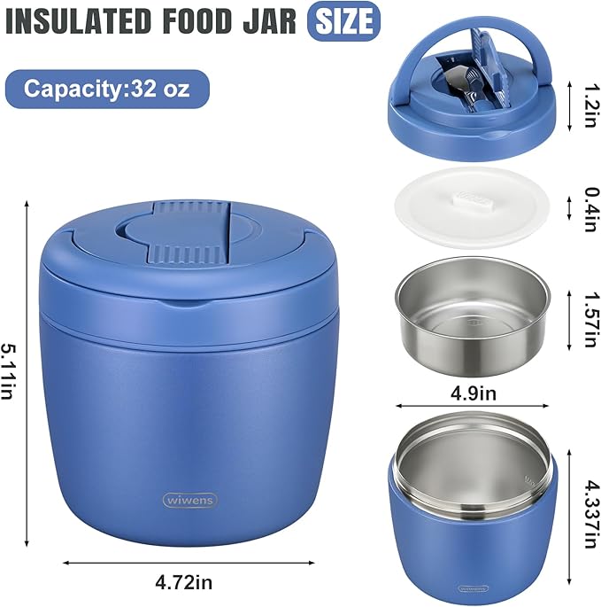 Thermo Food Jar for Hot Food Adults 32OZ Soup Thermo Lunch Containers Wide Mouth Vacuum Insulated Stainless Steel Leakproof Bento Box with Spoon (Blue)