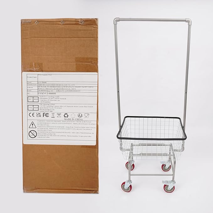 67"H Laundry Cart, Rolling Laundry Basket with Hanging Rack & Wheels, Metal Steel Wire Clothes Hamper with Storage Shelf for Homes, Hotels, Bathrooms & Commercial Laundry, 110lbs Capacity(B)