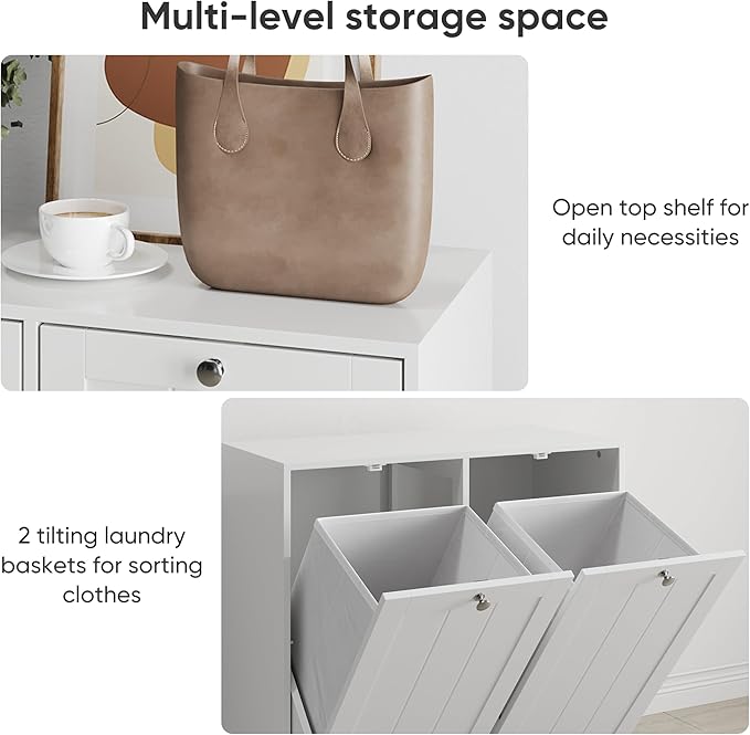 Two-Compartment Tilt-Out Laundry Sorter Cabinet,Bathroom Storage Organize Cabinet with 2 Removable Hamper Clothes Basket (White-B)
